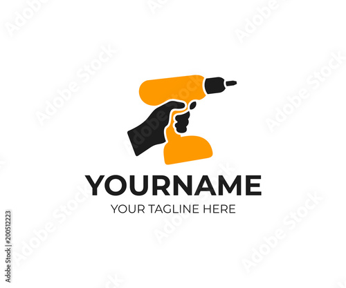 Hand holds rechargeable, cordless, electric drill and screwdriver, logo template. Construction, repair and power tool, vector design. Work and professions, illustration