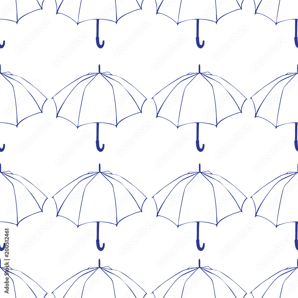 Seamless pattern with doodle umbrellas. For fabric, textile, wallpaper, wrapping paper. Vector Illustration. Hand drawn sketch. Blue line drawing on wite background.