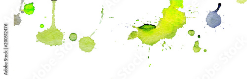 Bright yellow green watercolor splashes and blots on white background. Ink painting. Hand drawn illustration. Abstract watercolor artwork.