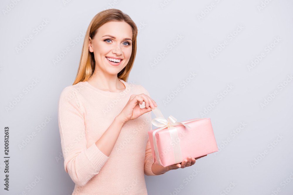 Style stylish trend rest relax tradition seasonal people person concept. Portrait of beautiful charming excited cheerful lady opening box with present isolated on gray background copyspace Style stylish trend rest relax tradition seasonal people person concept. Portrait of beautiful charming excited cheerful lady opening box with present isolated on gray background copyspace