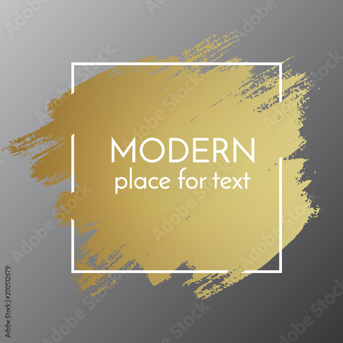 Vector gold paint stroke with border frame. Dirty artistic desig