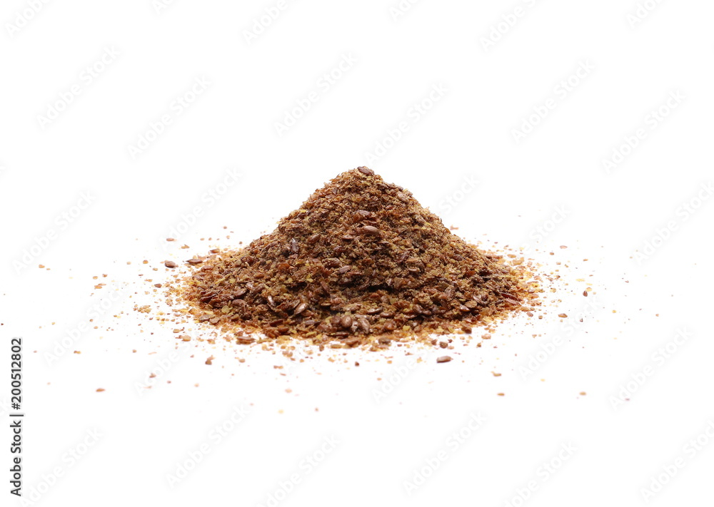 Crushed, milled flax, linen seeds isolated on white background, top view Crushed, milled flax, linen seeds isolated on white background, top view