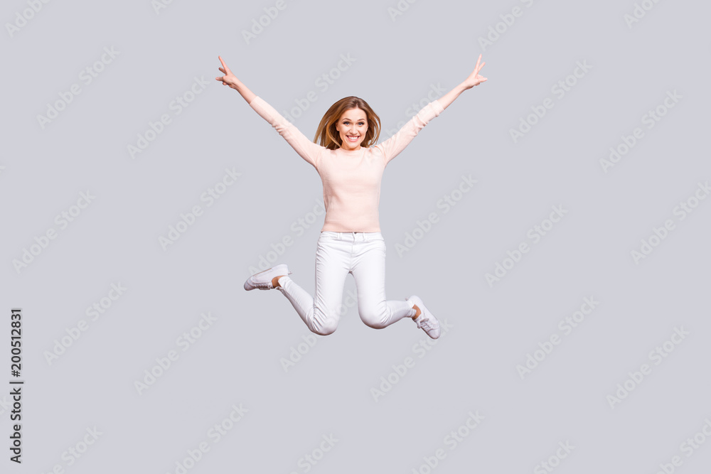 Fall beauty fashion style stylish modern entertainment people person weekend holiday vacation concept. Full-length full-size portrait of cheerful delightful lady jumping up isolated on gray background
