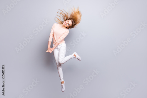 Beauty fashion romantic people person emotion feelings expressing concept. Full-length full-size portrait of excited careless lovely sweet adorable pretty lady jumping up isolated on gray background