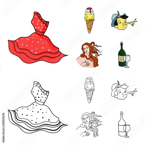 Italian dress, gelato, pinocchio, goddess of love. Italy set collection icons in cartoon,outline style vector symbol stock illustration web.