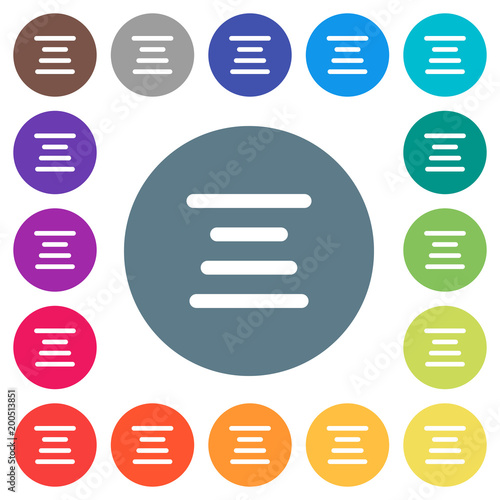 Text align center flat white icons on round color backgrounds