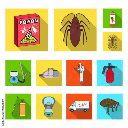 Pest, poison, personnel and equipment flat icons in set collection for design. Pest control service vector symbol stock web illustration.