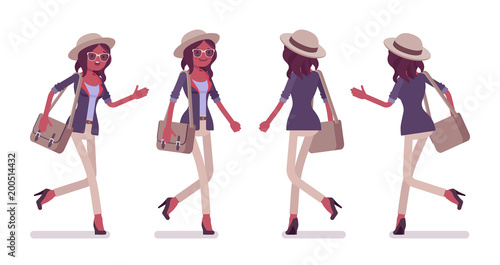 Black attractive smart casual woman wearing hat, glasses walking, running.