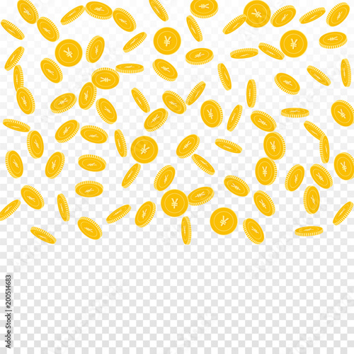 Fototapeta Naklejka Na Ścianę i Meble -  Chinese yuan coins falling. Scattered sparse CNY coins on transparent background. Fantastic top gradient square vector illustration. Jackpot or success concept.