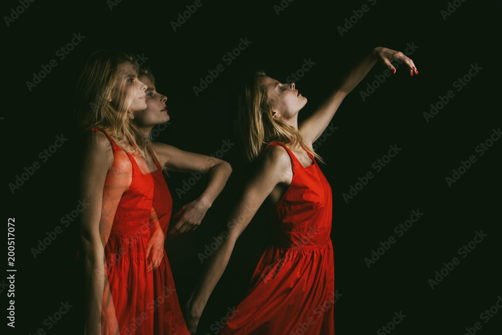 Dancing in the dark woman soul in red dress on black background. triple  exposure. conceptual original dramatic creative emotional photo metaphor  Stock Photo | Adobe Stock