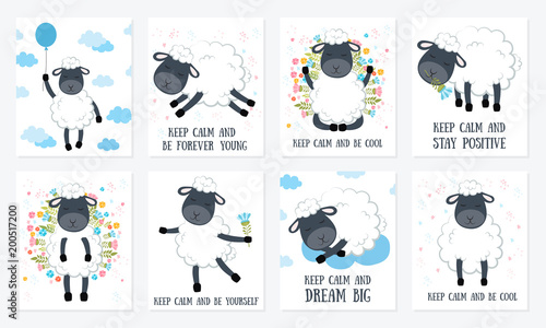 Set of Vector cartoon sketch sheeps illustration with motivation lettering phrase