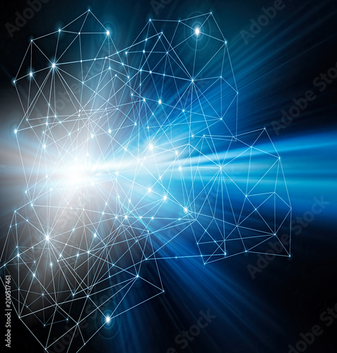 Abstract background with connected lines and dots for your design. Smooth lines, beautifully intertwined, shining dots and flashes on a dark background