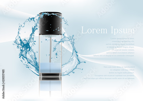 Advertising magazine page.Realistic transparent glass bottle two-phase cosmetic product,tonic,lotion.Black lid with dispenser.Abstract stylish gradient background,text .Vector illustration.