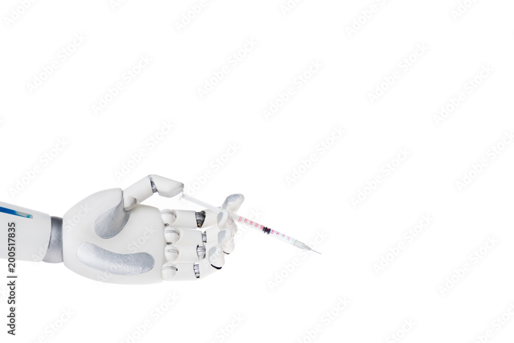 robot hand holding syringe with medicines isolated on white robot hand holding syringe with medicines isolated on white