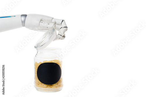 cropped shot of robot opening jar of uncooked macaroni isolated on white