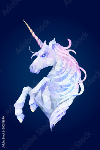 Magical unicorn on blue background. Low poly photo