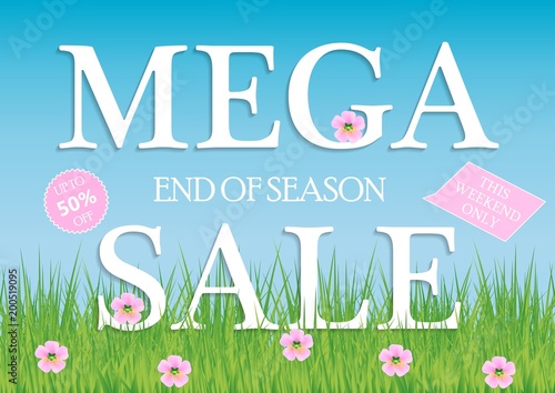 Sale, a discount of 50 percent, only this weekend. Template for flyer, banner for website. Vector illustration.