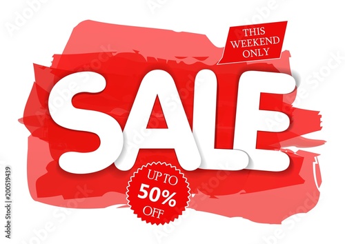White inscription sale on a red watercolor background. Discount of 50 percent. Only this weekend. Template for flyer, banner for website.