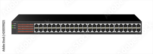 The Ethernet switch for mounting with a 19-inch rack in black, with 48 ports. Vector illustration.