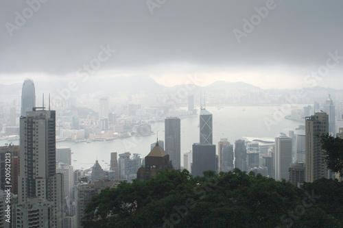 Hong Kong: View from the Peak Tower across Hong Kong Central to the opposite mainland on a rainy summer day