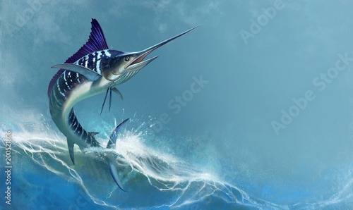 Photography striped marlin on sea, fish sword
