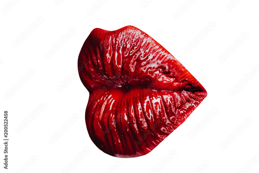 Foto Stock Kiss lips sensual isolated on white background. Red sexy lipstick,  glossy lips. Icon of female lips. Sexy Sensual Red Lip, Mouth close-up. Big  Lips, Bright Lipstick. Magnificent Red Lipstick girl