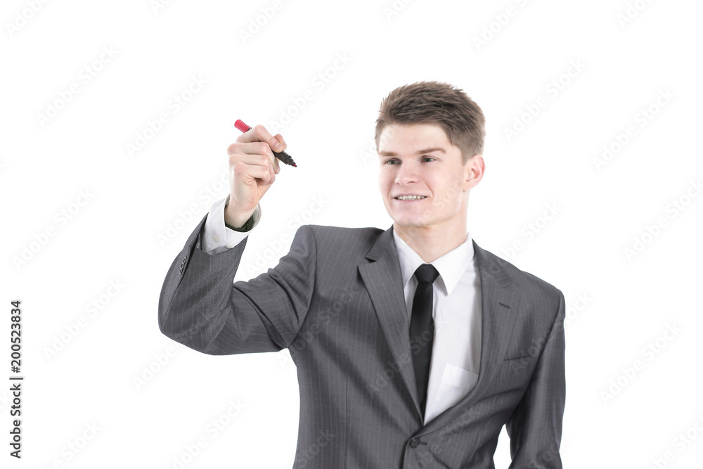 businessman pointing with a marker on the virtual point. businessman pointing with a marker on the virtual point.
