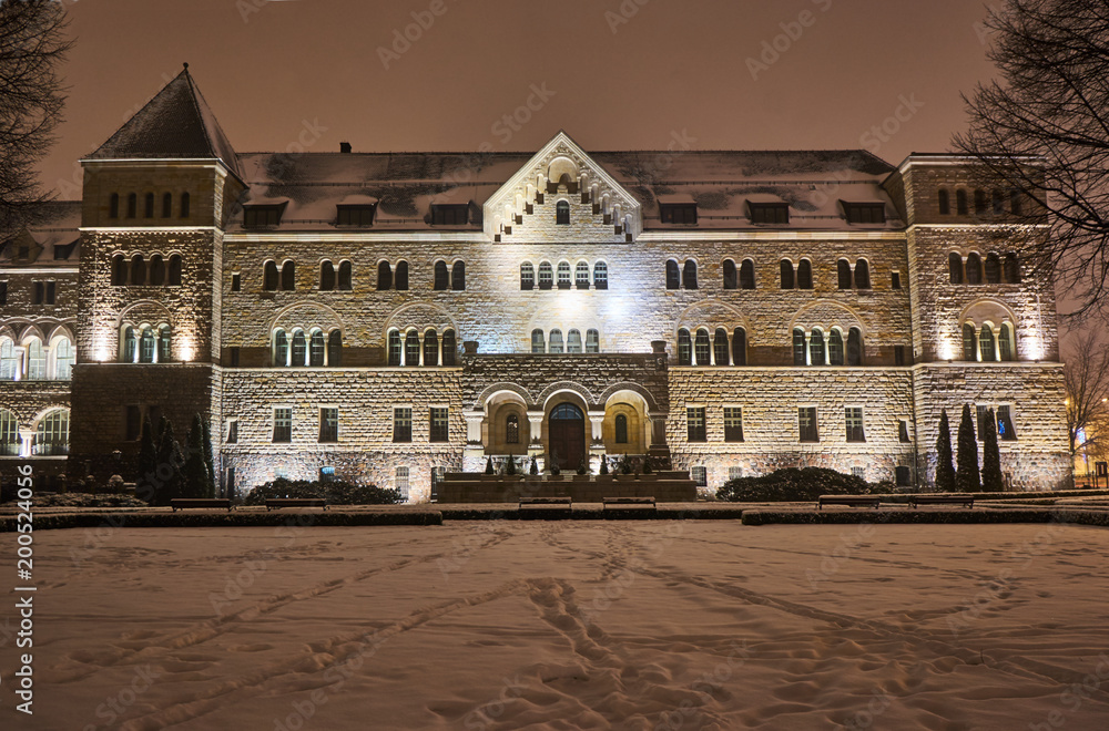 The Neo-Romanesque building of the Imperial Castle at night in Poznan.