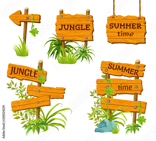 Funny cartoon game panels in jungle style, wooden gui elements with leaves and liana.