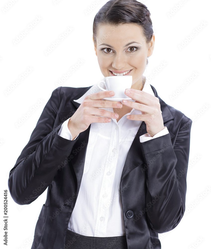 closeup. confident business woman with a Cup of coffee closeup. confident business woman with a Cup of coffee