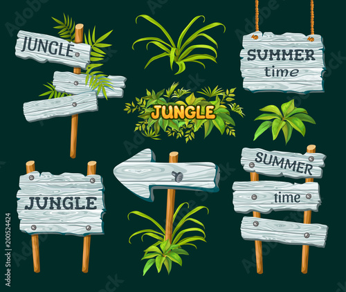 Cartoon game panels in jungle style against a dark background, wooden gui elements with leaves.