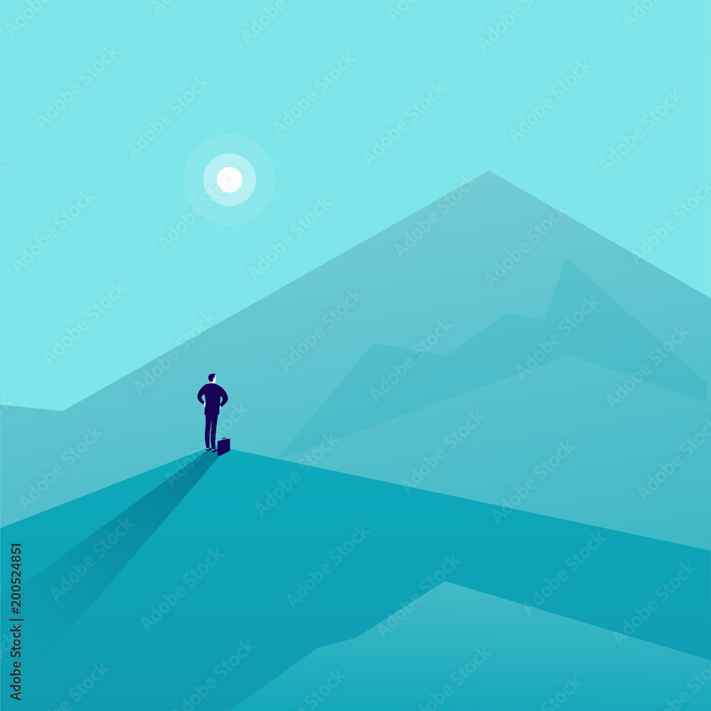 Vector business concept illustration with businessman standing on mountain peak and watching at new top. Metaphor for new aims and goals, purposes, achievements and aspirations, motivation. Vector business concept illustration with businessman standing on mountain peak and watching at new top. Metaphor for new aims and goals, purposes, achievements and aspirations, motivation.