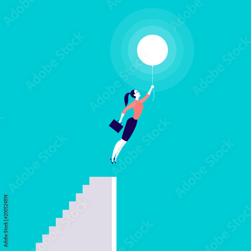 Vector business concept illustration with business lady flying up with air balloon from stairs isolated on blue background. Success, growth, career, achievement, solution, idea aspirations metaphor.