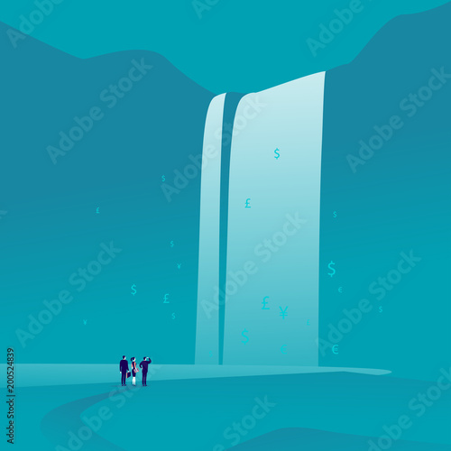 Vector business concept illustration with business people standing and watching at big great finance waterfall with money signs and symbols on blue background. Wealth, success, team work metaphor.