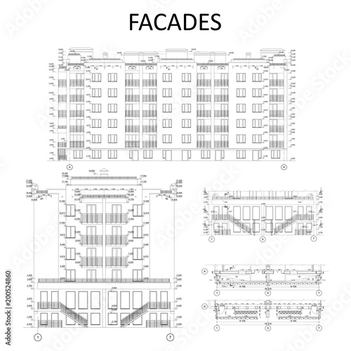 Set of detailed facade elements with measurements, architecture, vector 