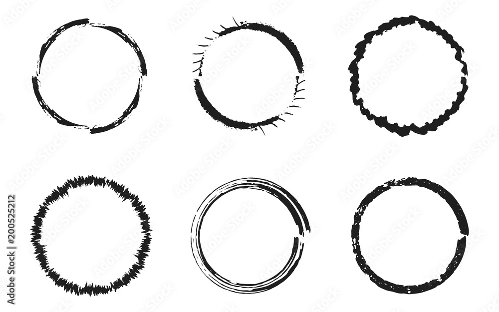 Set of isolated black hand drawn circles, round frames. Scratched ink brushes circles for stamps design, decorating and graphic design elements Set of isolated black hand drawn circles, round frames. Scratched ink brushes circles for stamps design, decorating and graphic design elements