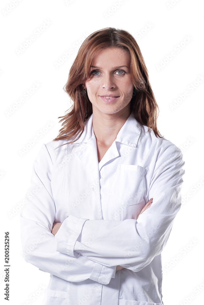 portrait of young woman doctor isolated on white. portrait of young woman doctor isolated on white.