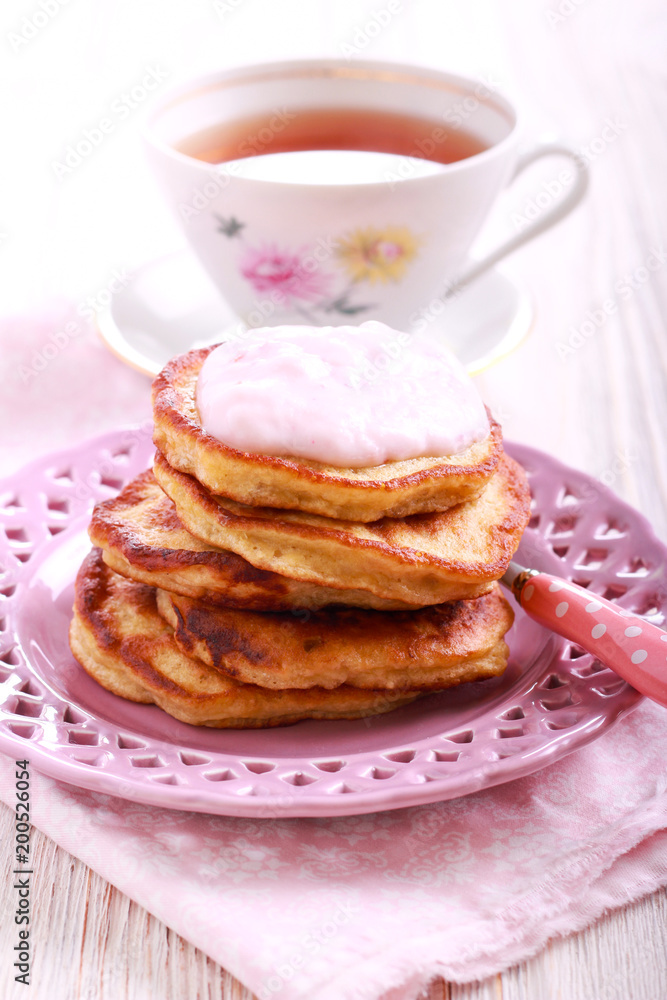 Banana pancakes with yogurt on top Banana pancakes with yogurt on top