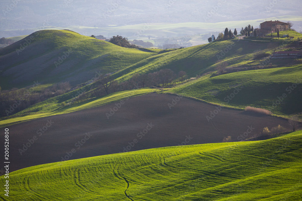 Tuscany, Italy. Spring landscape with rolling hills and green meadow.