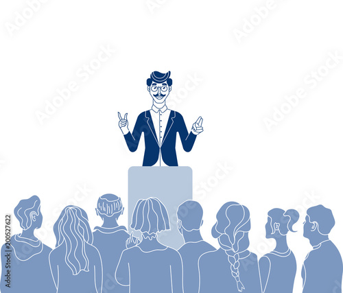 Conference speaker. Giving a talk on stage on stage to audience in the conference hall. Audience or conference sketch, workshop, doodle.Business seminar presentation.Group Meeting at Training course. 