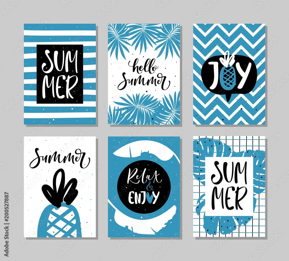 Summer hand drawn cards set with hand written text. Vector illustration.