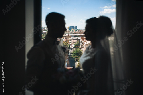 Beautiful silhouette in the room on a background of clouds and city.