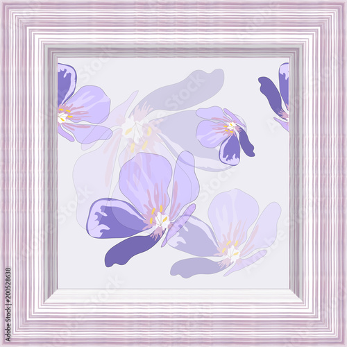 Vector design frame texture under eco veneer with picture seamless pattern blue flowers on a light background