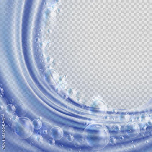 Water background. The flow of air bubbles in the water. Realistic transparent water splash and bubbles. For advertising cleaning products, liquid soap, cosmetics. Vector illustration.