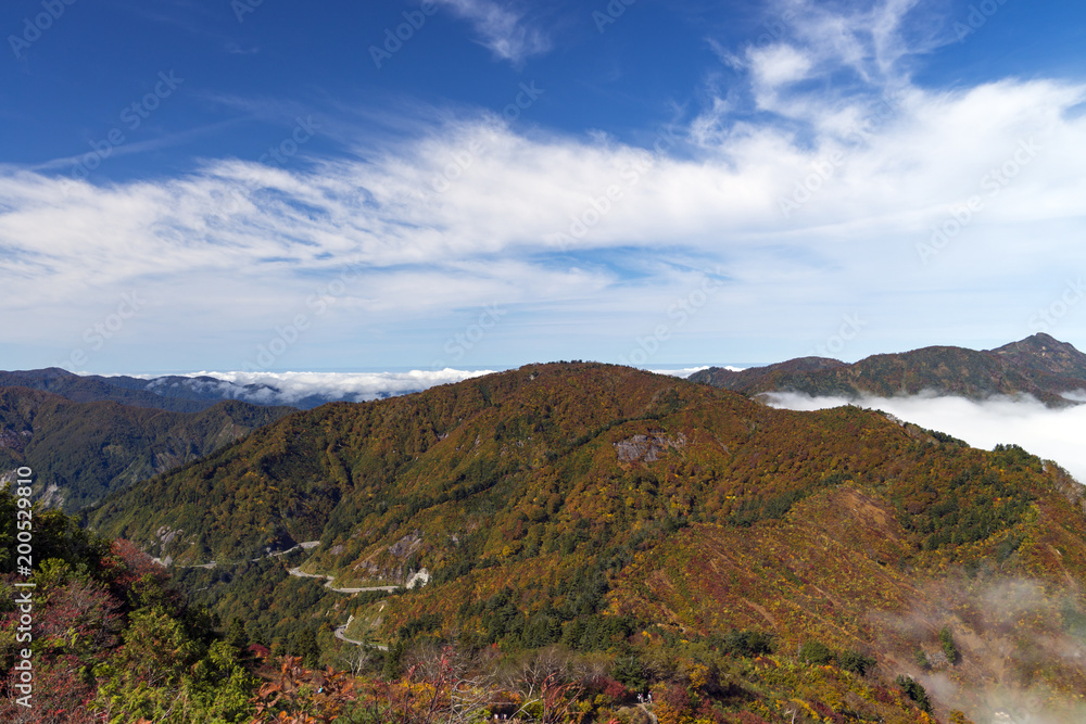 紅葉と雲海　三方岩岳山頂付近から望む白山白川郷ホワイトロード