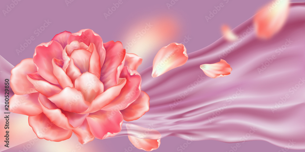 Rose water splash. Floral background with rose, water and petals of rose. Rose petals fly apart. Can be used for cosmetics design. Vector illustration.
