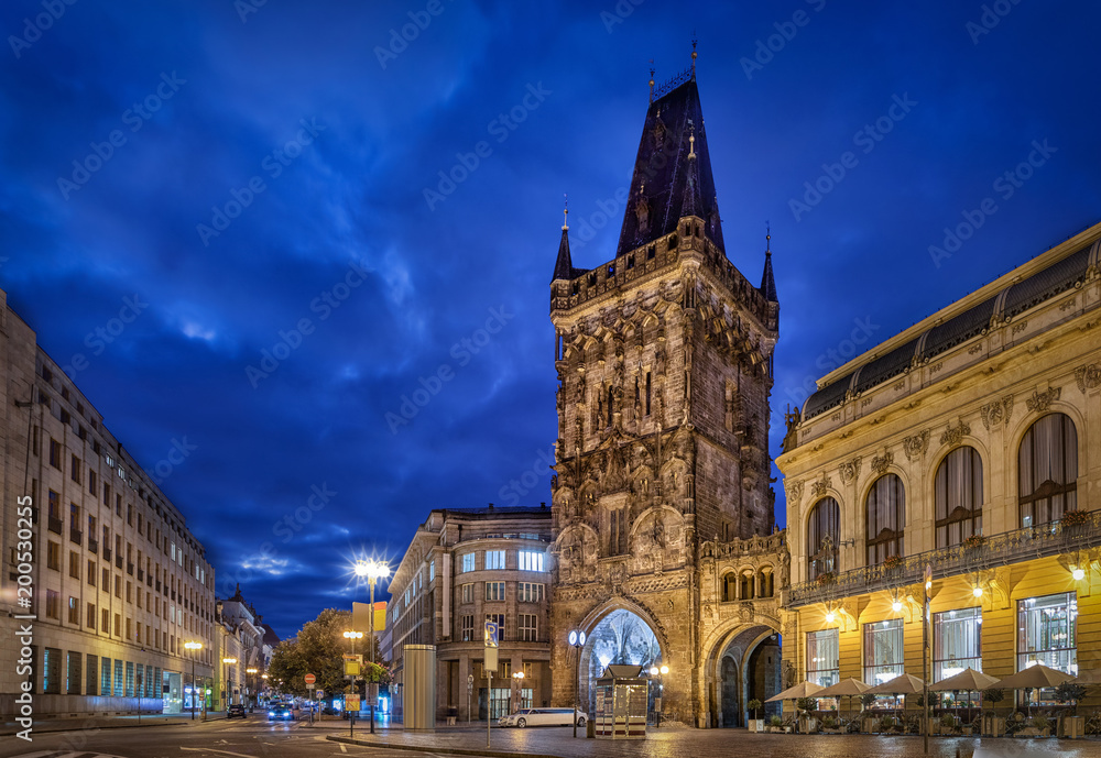 Medieval Powder Tower at dusk in Prague, Czechia