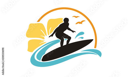 Sun Surf Hawaii Beach Sea Sport Hibiscus Flower Summer Vacation Holiday logo design 