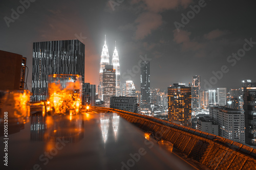 Photography Aerial view at night of skyscrapers in Kuala Lumpur city, Malaysia