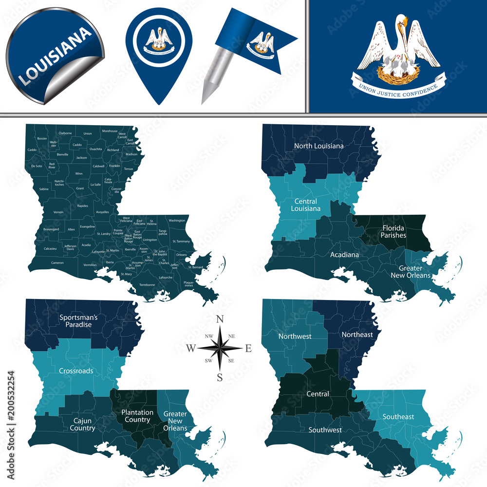 Fototapeta premium Map of Louisiana with Regions